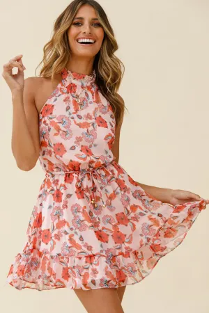 Ascot Halter Neck Tie Back Dress Floral Print Red