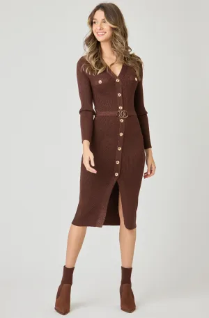 Belted Midi Knit Lurex Dress with Gold Buttons