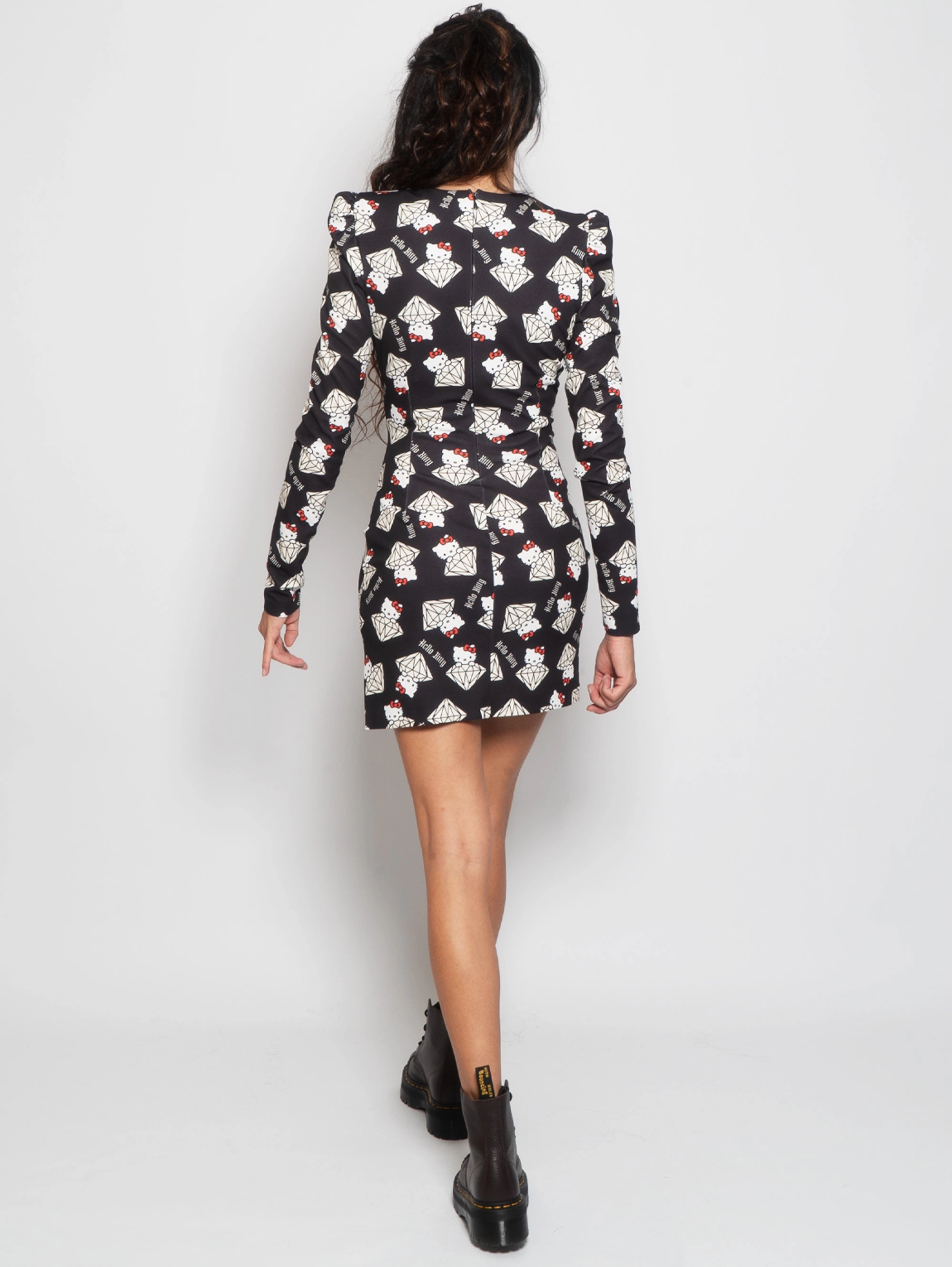 Black Kitty Print Dress with Curl