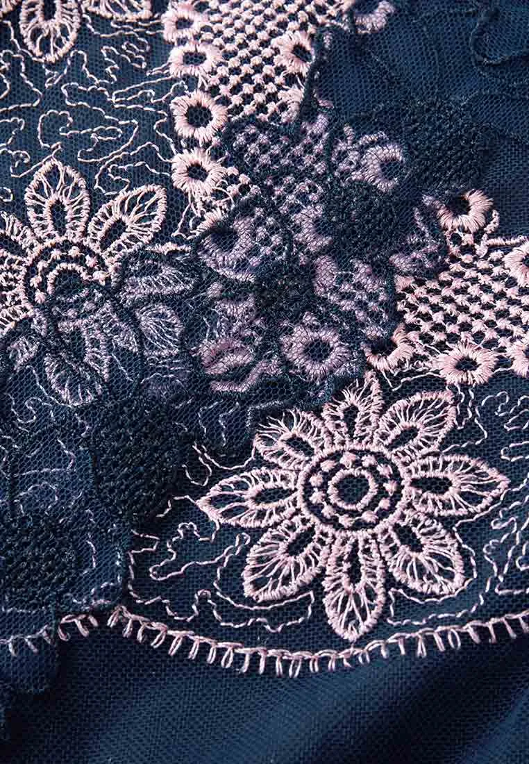 Blue Embroidered Lace Short-sleeved Mesh Dress
