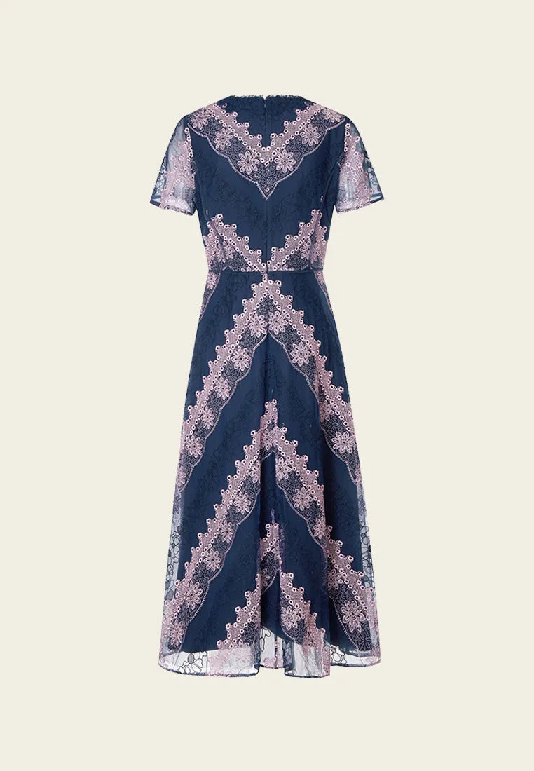 Blue Embroidered Lace Short-sleeved Mesh Dress