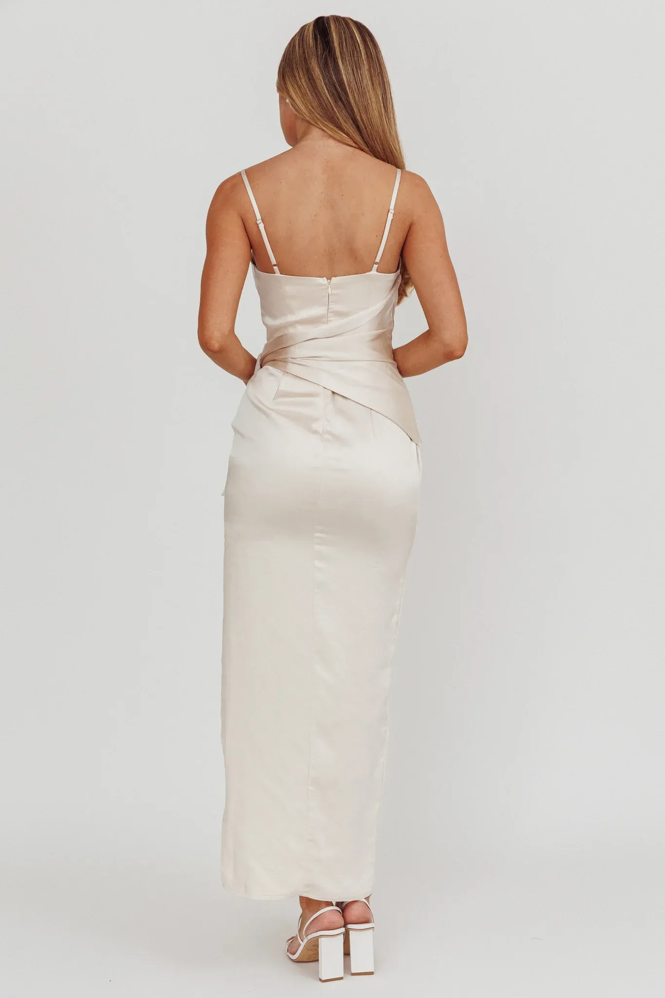 Celestine Waist Tie Satin Maxi Dress Light Champagne