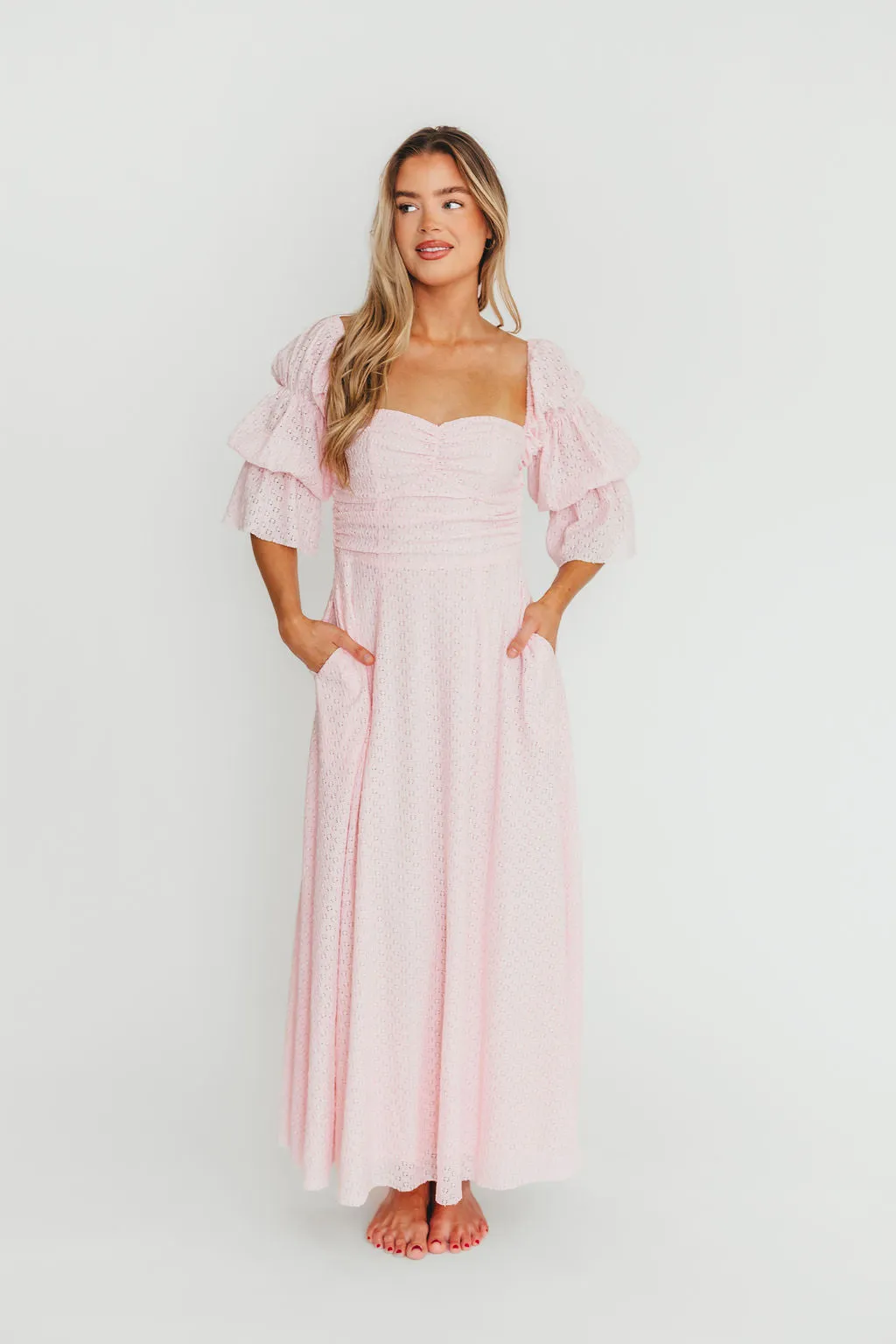 Corrine Tiered Sleeve Maxi Dress with Pockets in Baby Pink - Bump Friendly - PRE-ORDER