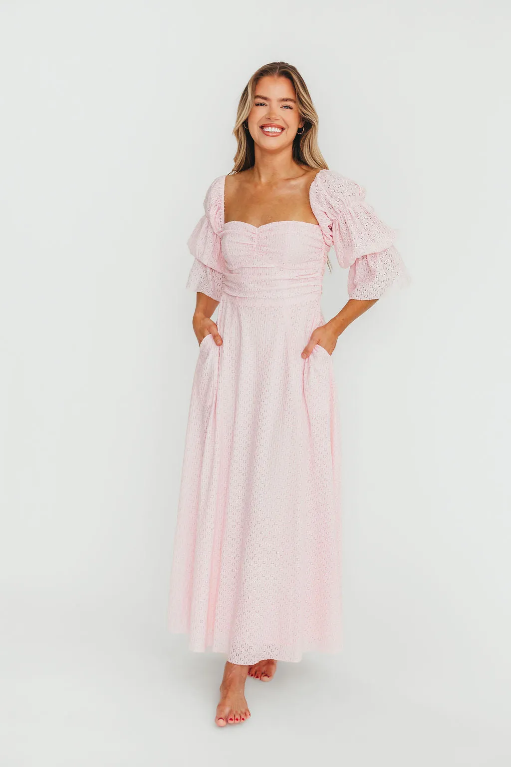 Corrine Tiered Sleeve Maxi Dress with Pockets in Baby Pink - Bump Friendly - PRE-ORDER