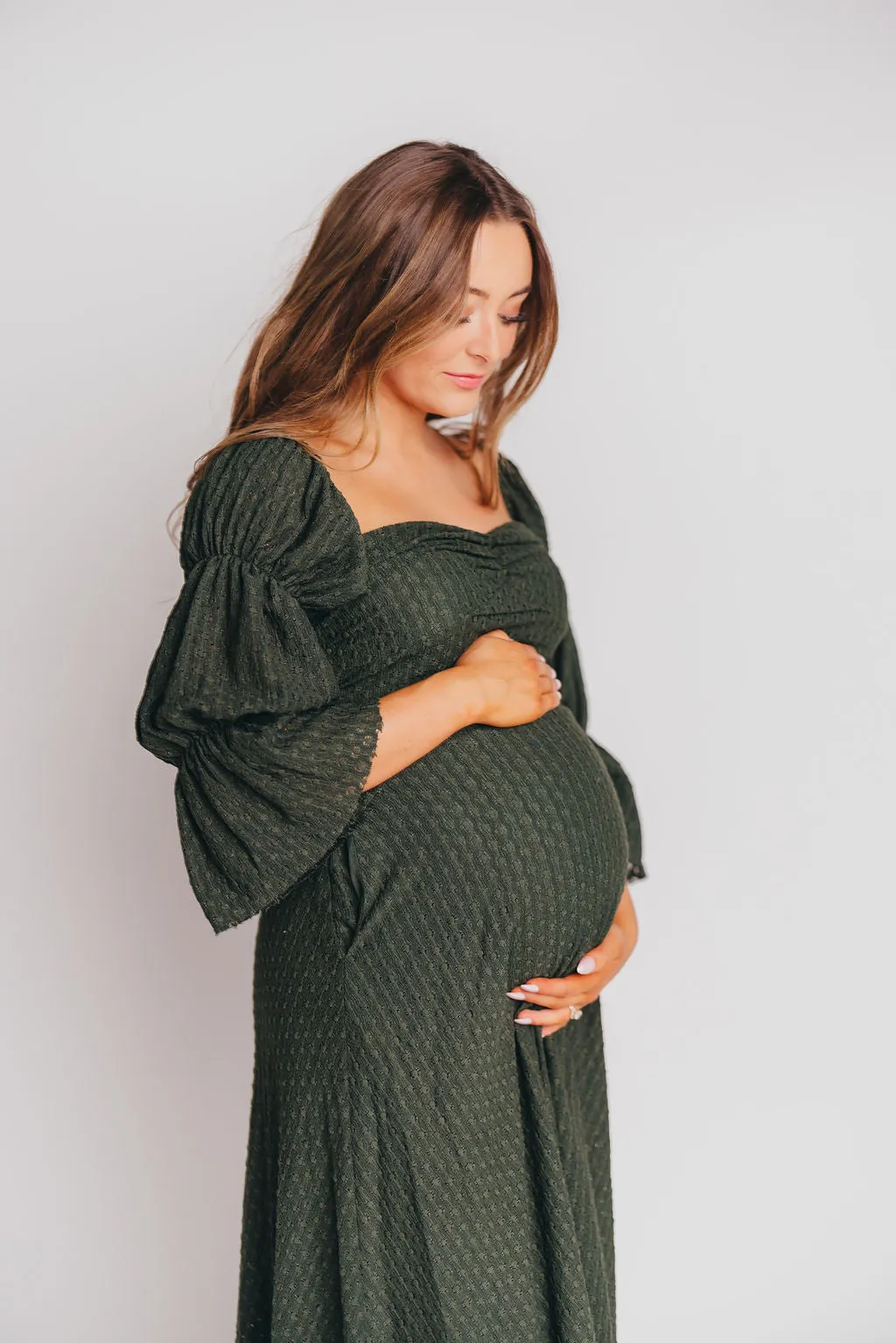 Corrine Tiered Sleeve Maxi Dress with Pockets in Hunter Green - Bump Friendly - PRE-ORDER