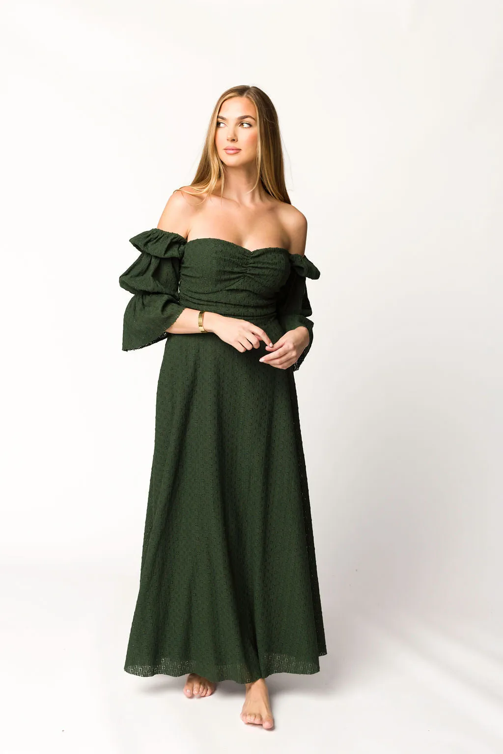 Corrine Tiered Sleeve Maxi Dress with Pockets in Hunter Green - Bump Friendly - PRE-ORDER