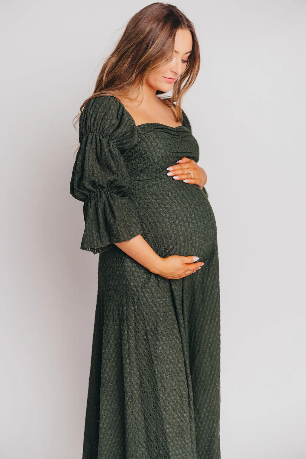 Corrine Tiered Sleeve Maxi Dress with Pockets in Hunter Green - Bump Friendly - PRE-ORDER