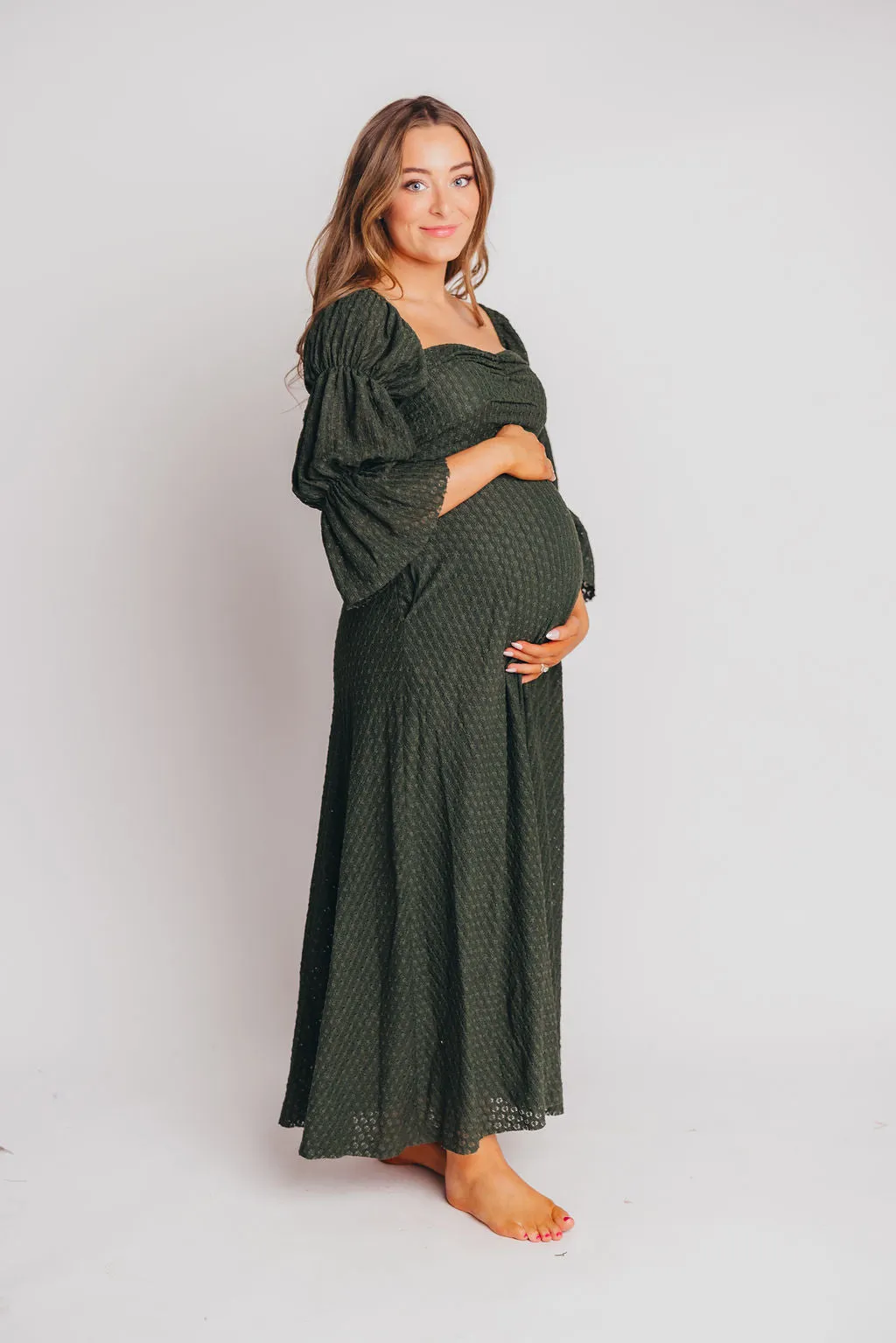 Corrine Tiered Sleeve Maxi Dress with Pockets in Hunter Green - Bump Friendly - PRE-ORDER