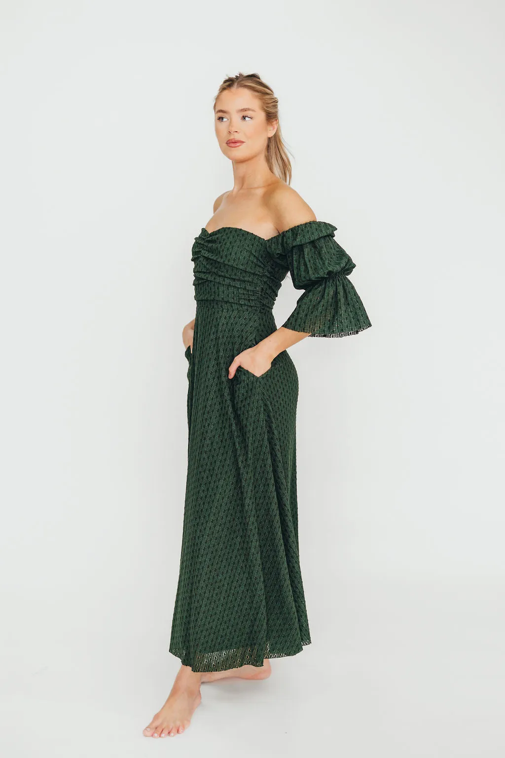 Corrine Tiered Sleeve Maxi Dress with Pockets in Hunter Green - Bump Friendly - PRE-ORDER