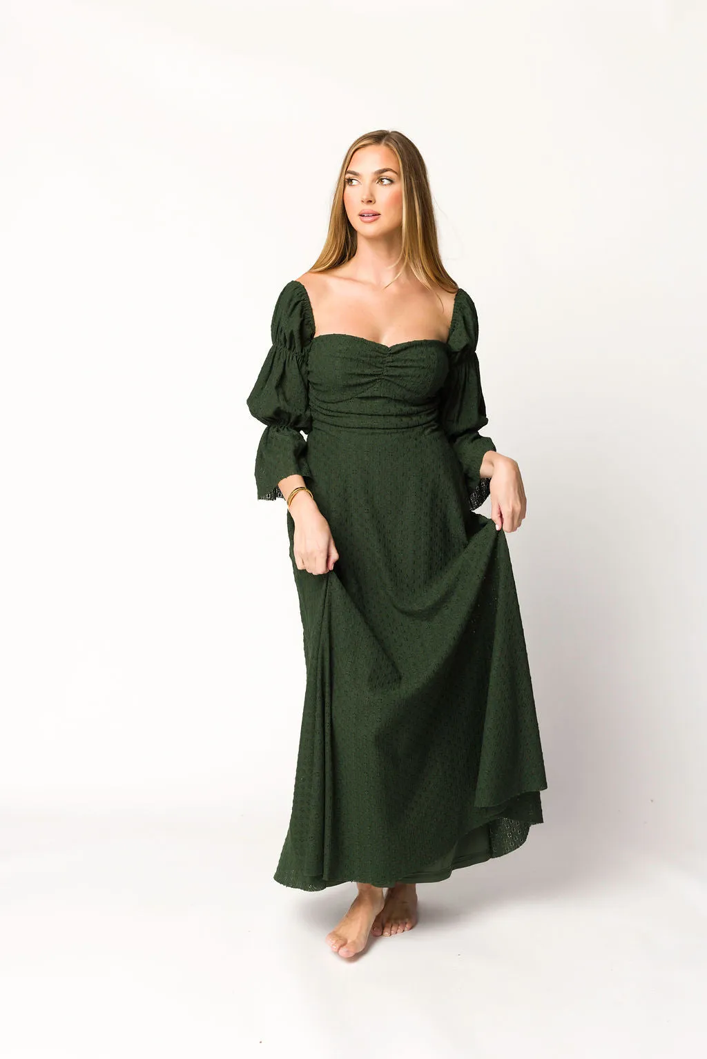 Corrine Tiered Sleeve Maxi Dress with Pockets in Hunter Green - Bump Friendly - PRE-ORDER