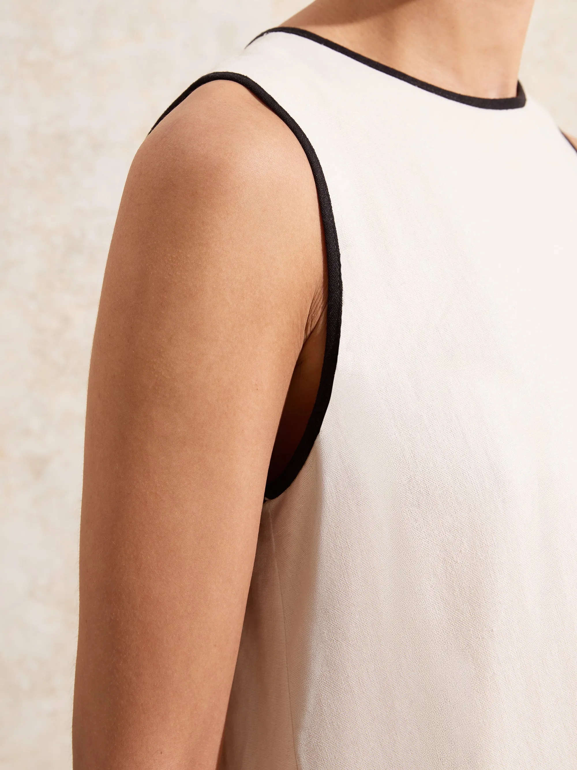 Cream Linen Blend Piping Detail Short Dress
