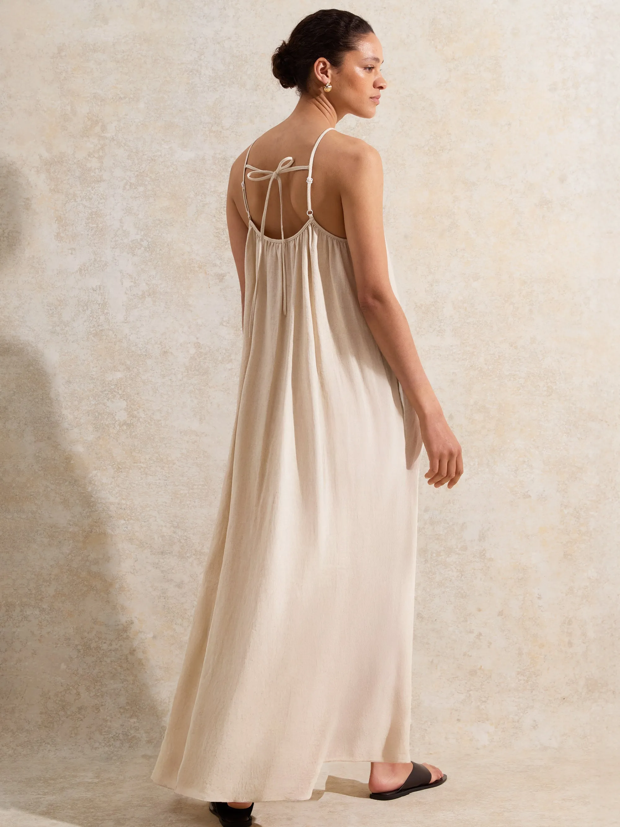 Ecru Tie-Detail Linen-Blend Maxi Dress