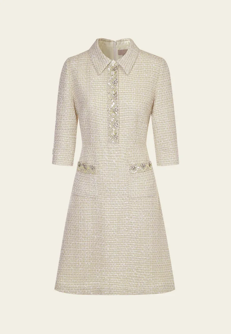 Embellish-trimmed Lapel A-line Dress