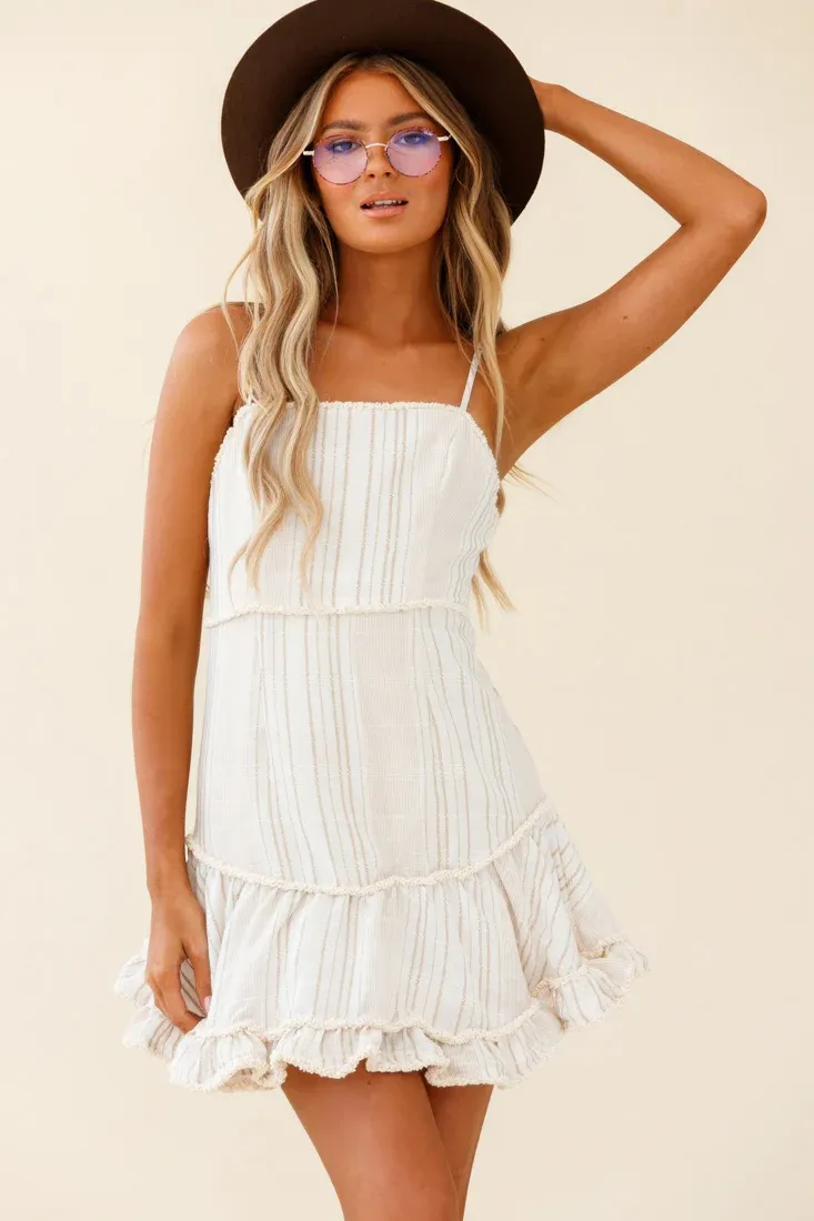 Eve Ruffle Hem Linen Blend Dress White/Mocha Stripe
