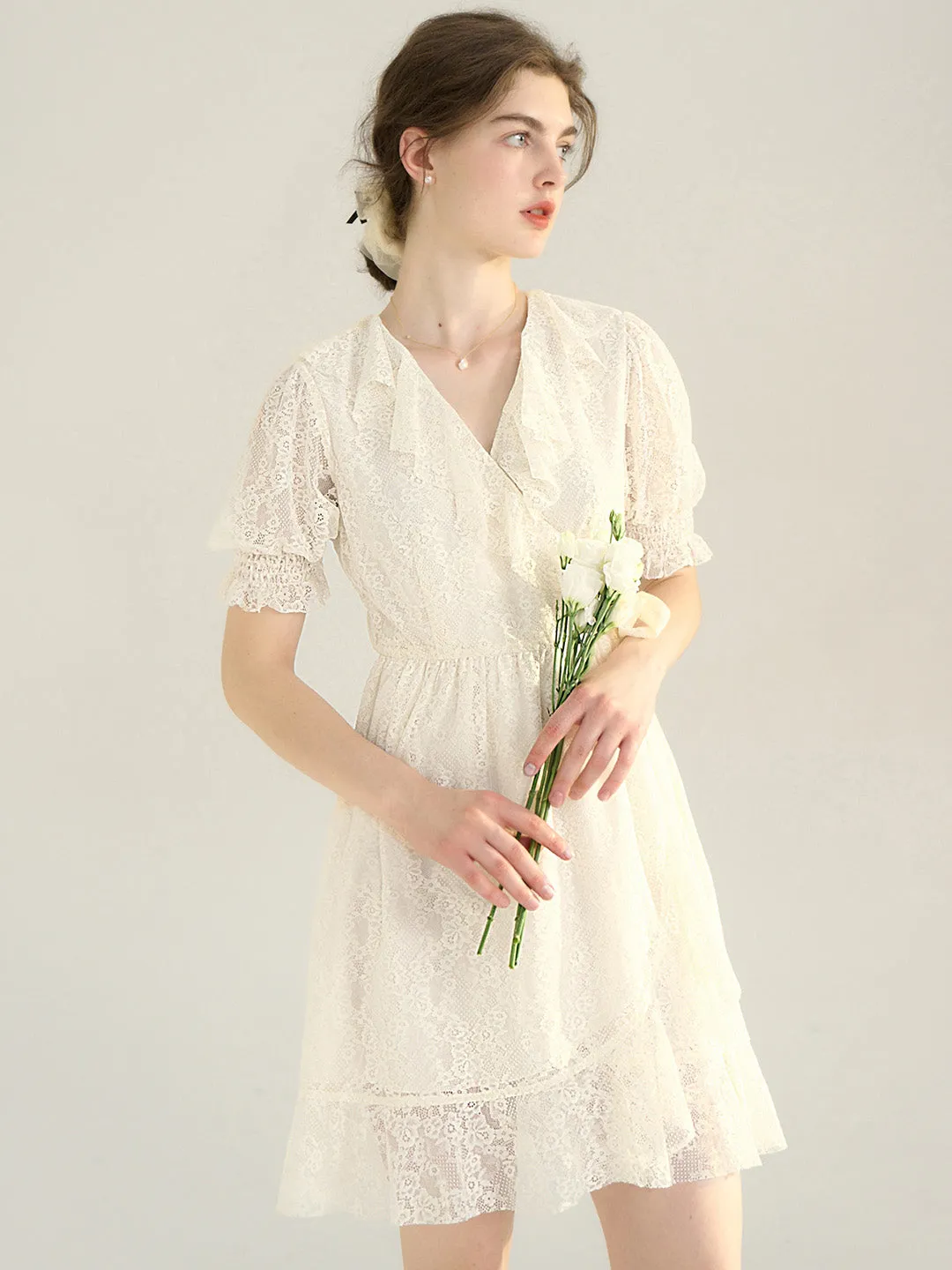 【Final Sale】Emberlynn V Neck Puff Sleeve Lace Dress