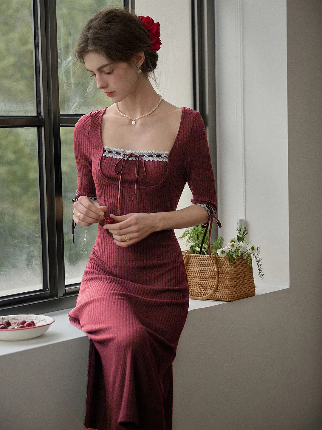 【Final Sale】Michelle Bow Lace Square Neck Knitted Color Block Dress