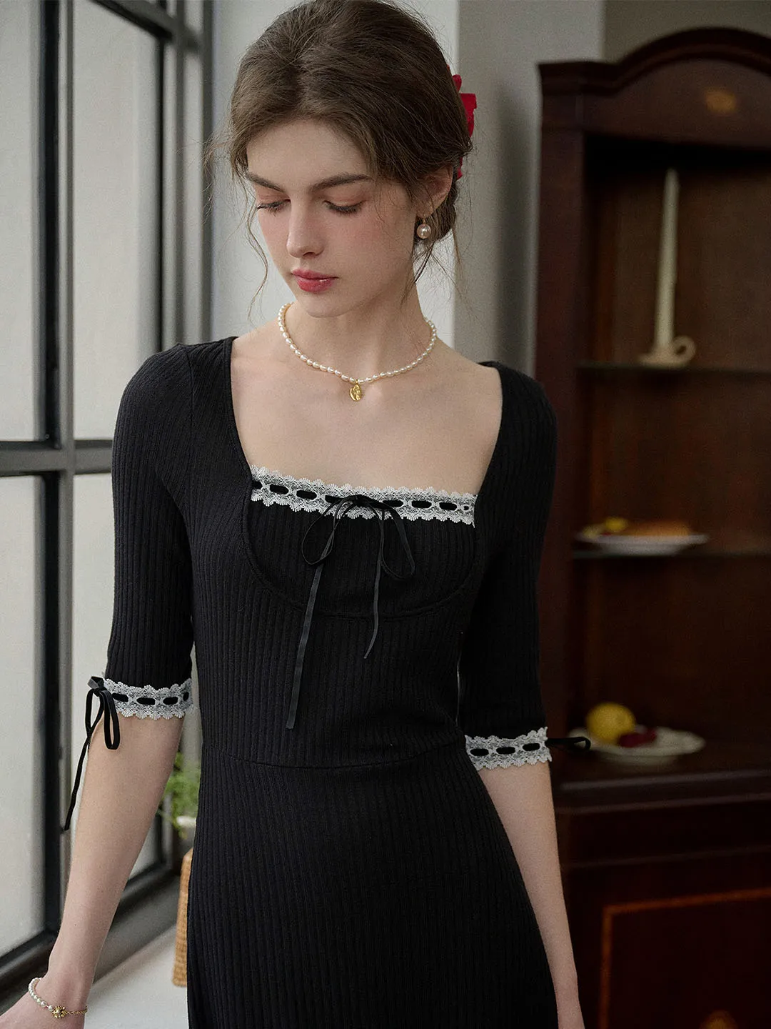 【Final Sale】Michelle Bow Lace Square Neck Knitted Color Block Dress