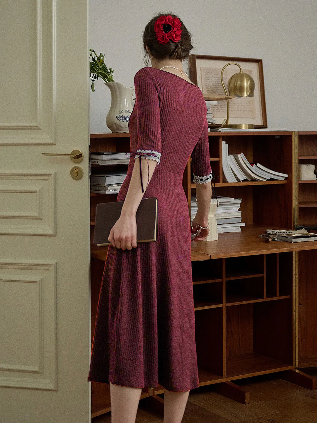 【Final Sale】Michelle Bow Lace Square Neck Knitted Color Block Dress