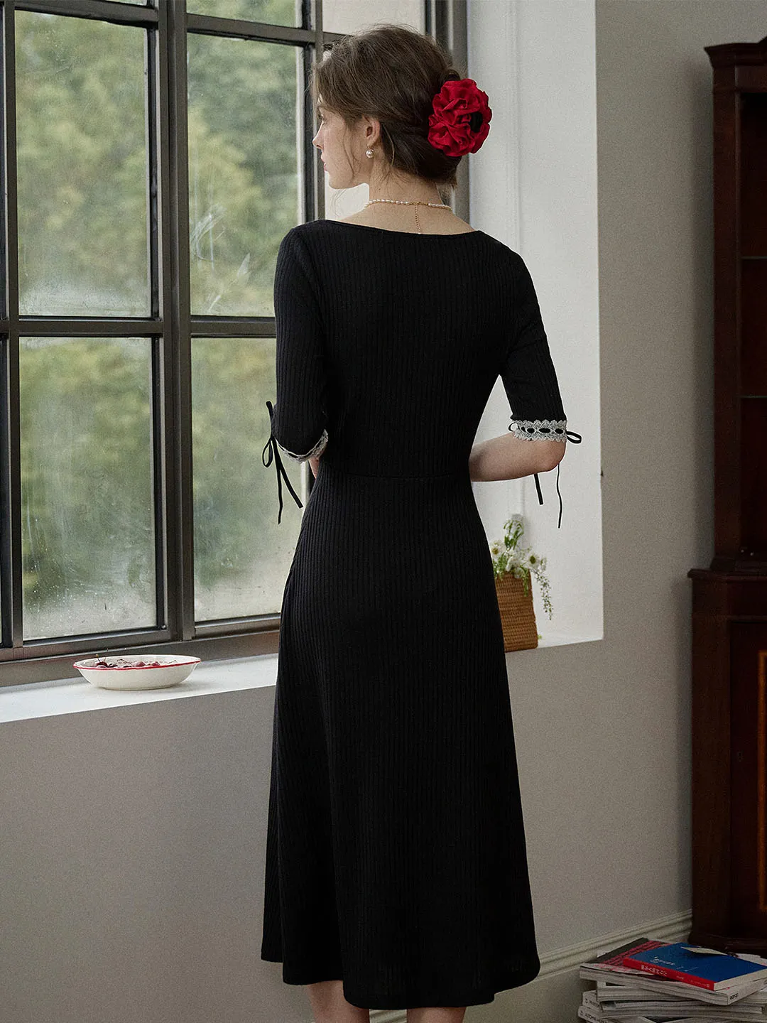 【Final Sale】Michelle Bow Lace Square Neck Knitted Color Block Dress