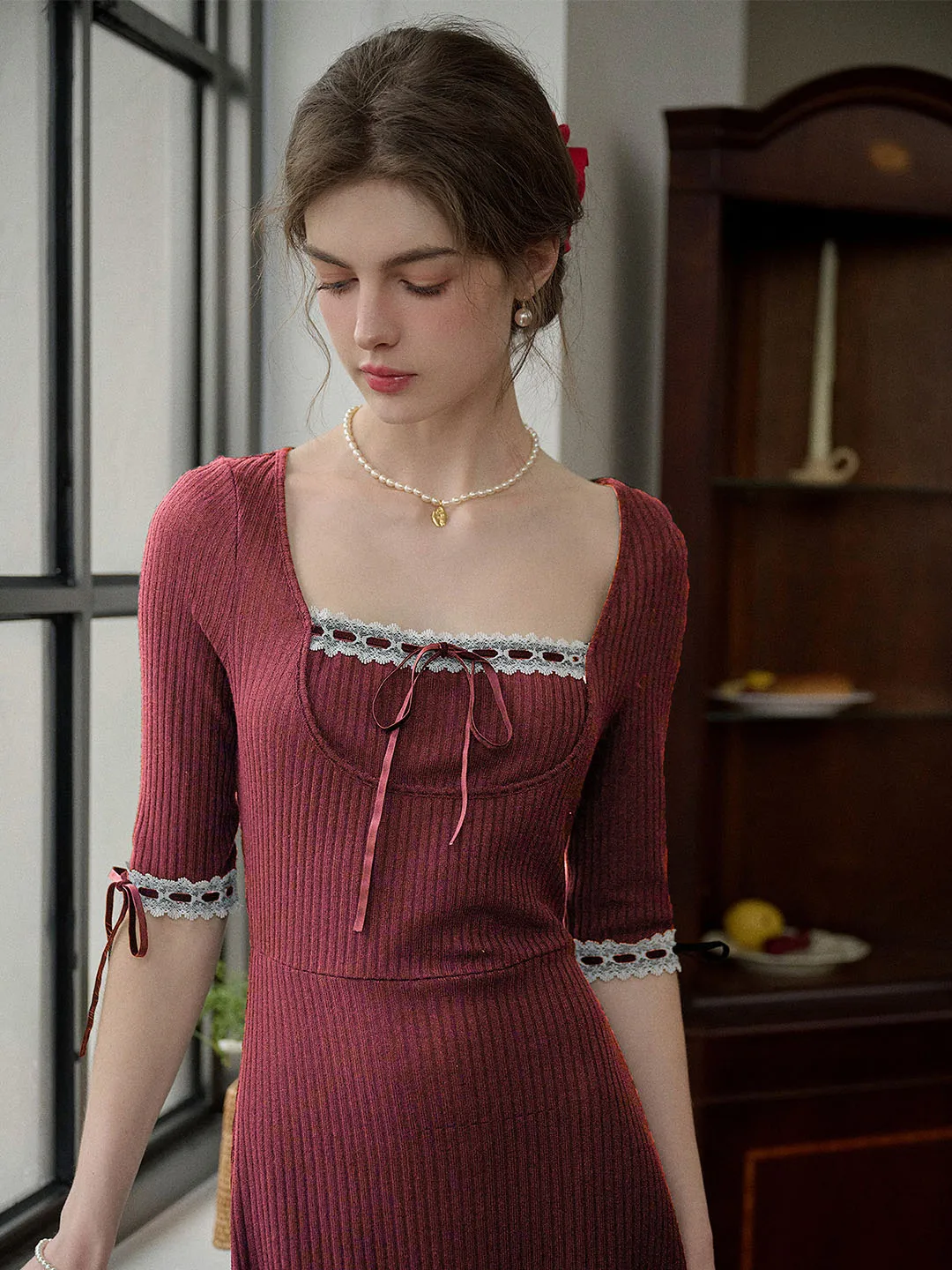 【Final Sale】Michelle Bow Lace Square Neck Knitted Color Block Dress