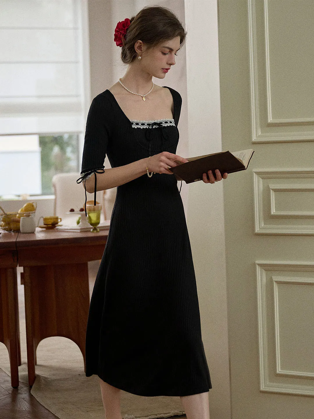 【Final Sale】Michelle Bow Lace Square Neck Knitted Color Block Dress