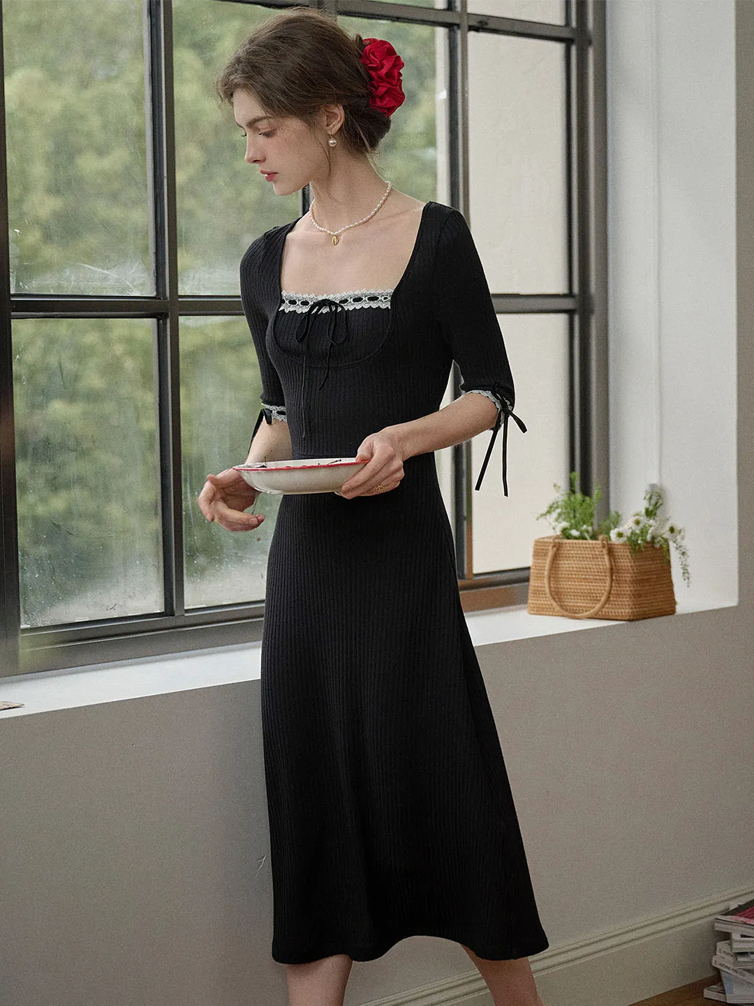 【Final Sale】Michelle Bow Lace Square Neck Knitted Color Block Dress