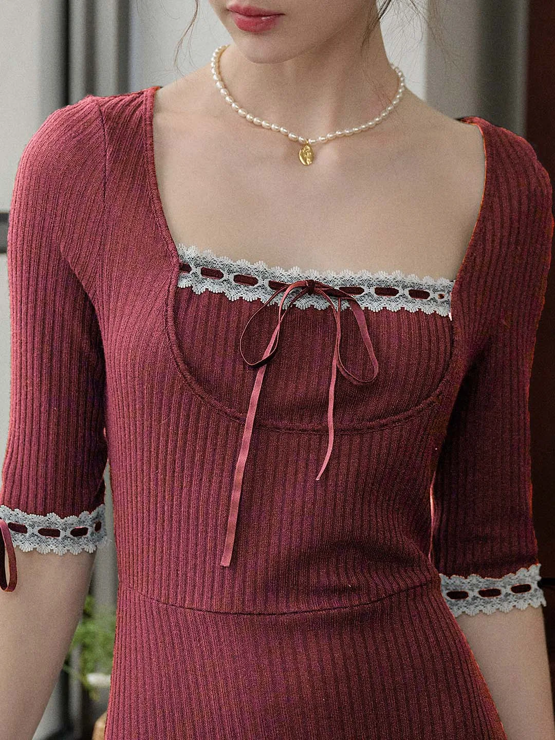 【Final Sale】Michelle Bow Lace Square Neck Knitted Color Block Dress