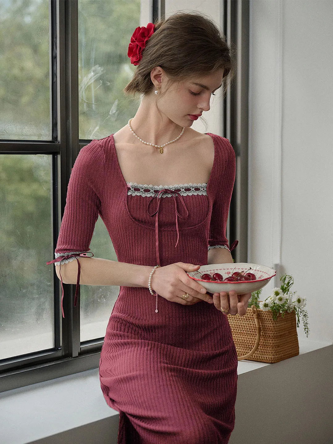 【Final Sale】Michelle Bow Lace Square Neck Knitted Color Block Dress