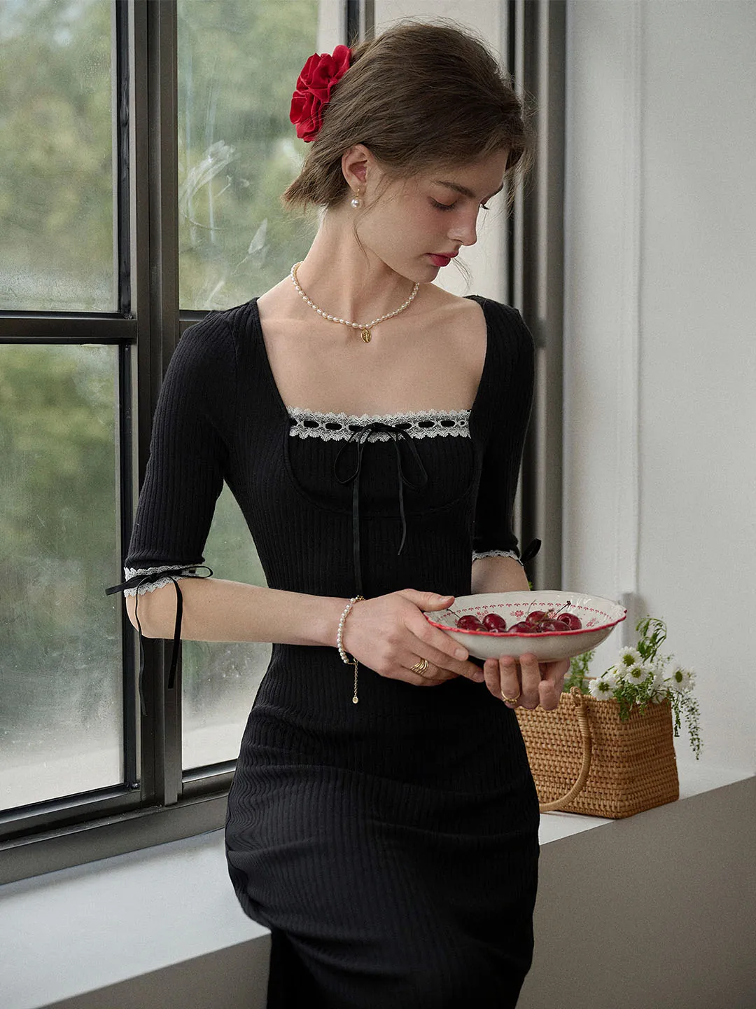 【Final Sale】Michelle Bow Lace Square Neck Knitted Color Block Dress