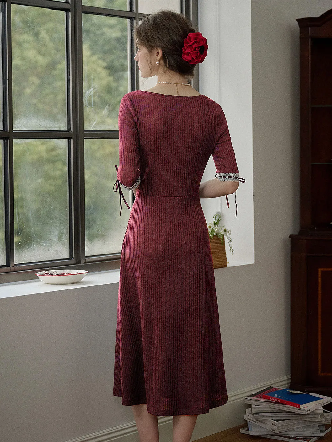 【Final Sale】Michelle Bow Lace Square Neck Knitted Color Block Dress