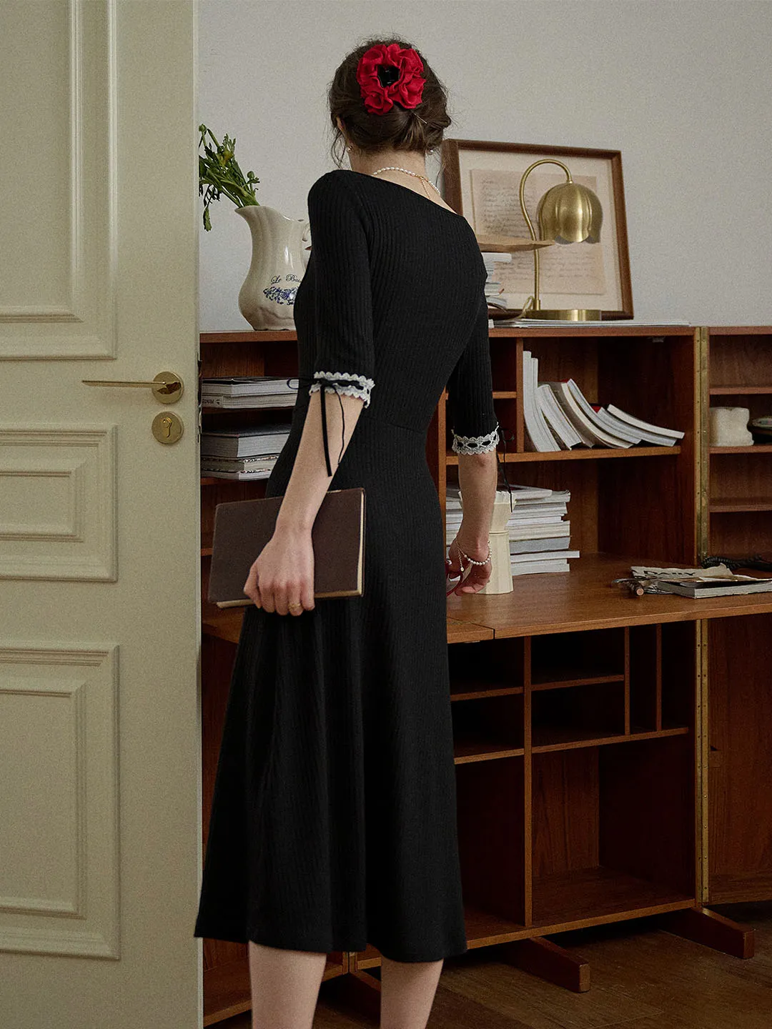 【Final Sale】Michelle Bow Lace Square Neck Knitted Color Block Dress