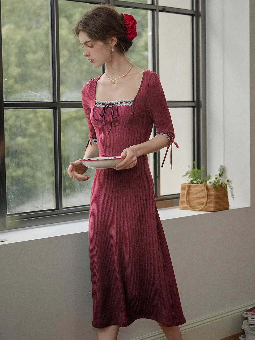 【Final Sale】Michelle Bow Lace Square Neck Knitted Color Block Dress