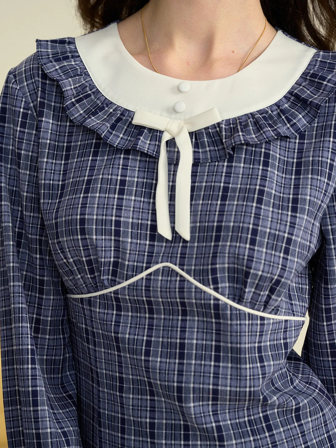 【Final Sale】Whitney Round Neck Tie Bow Collision Blue Check Dress