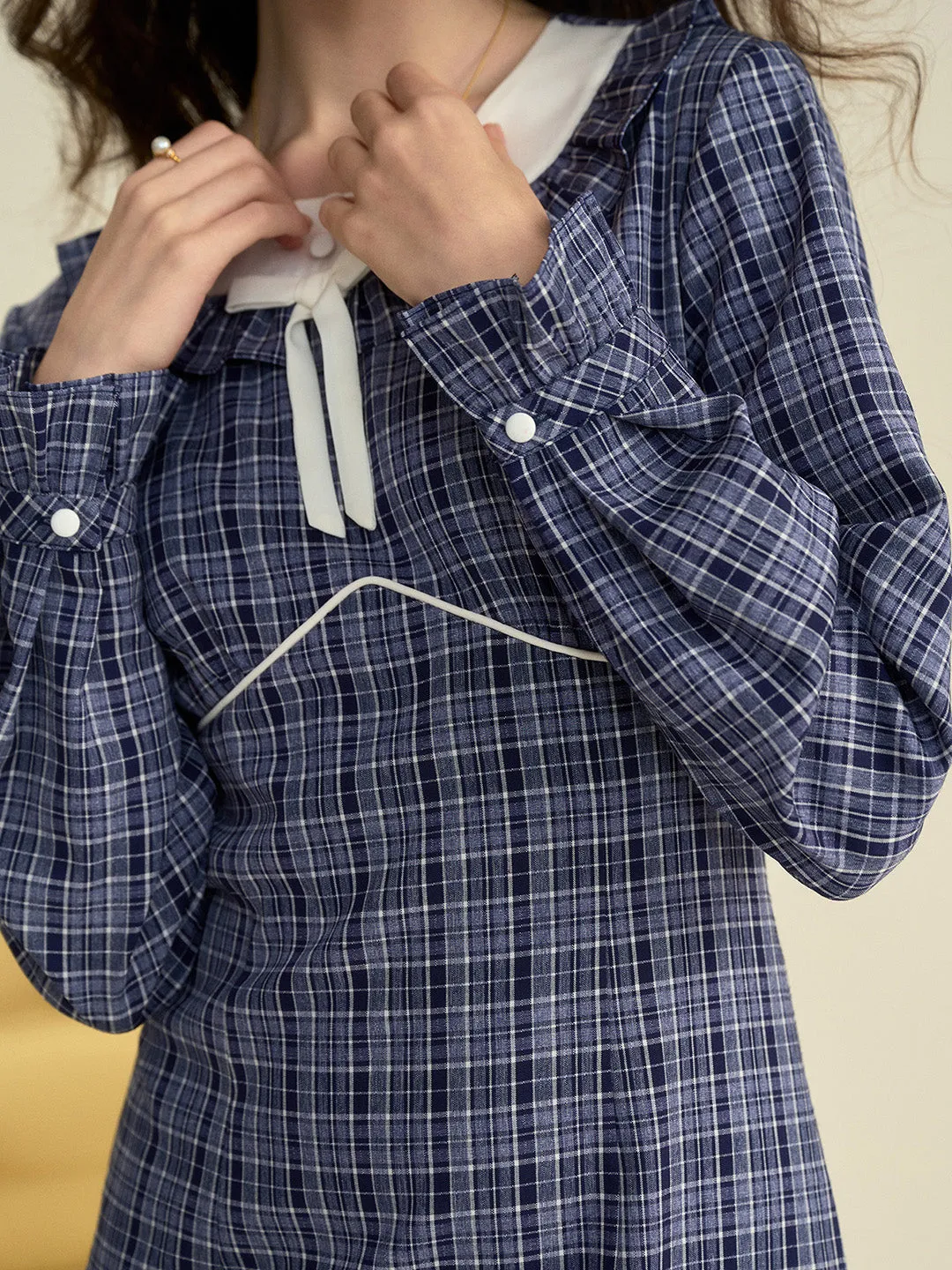 【Final Sale】Whitney Round Neck Tie Bow Collision Blue Check Dress