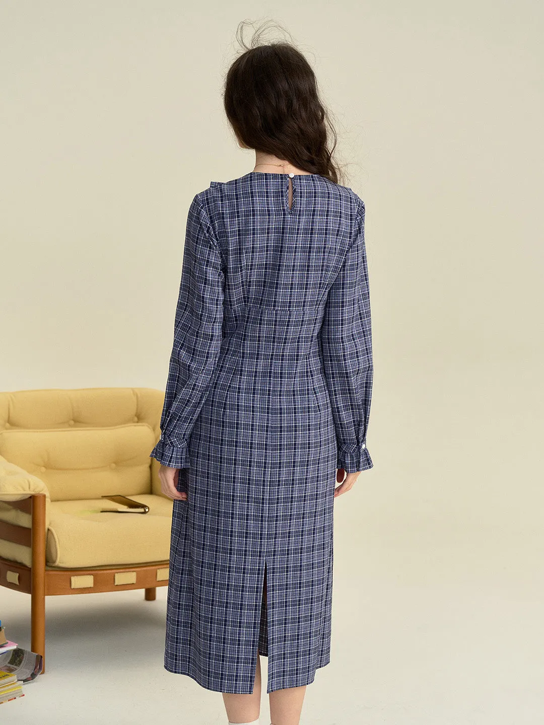 【Final Sale】Whitney Round Neck Tie Bow Collision Blue Check Dress
