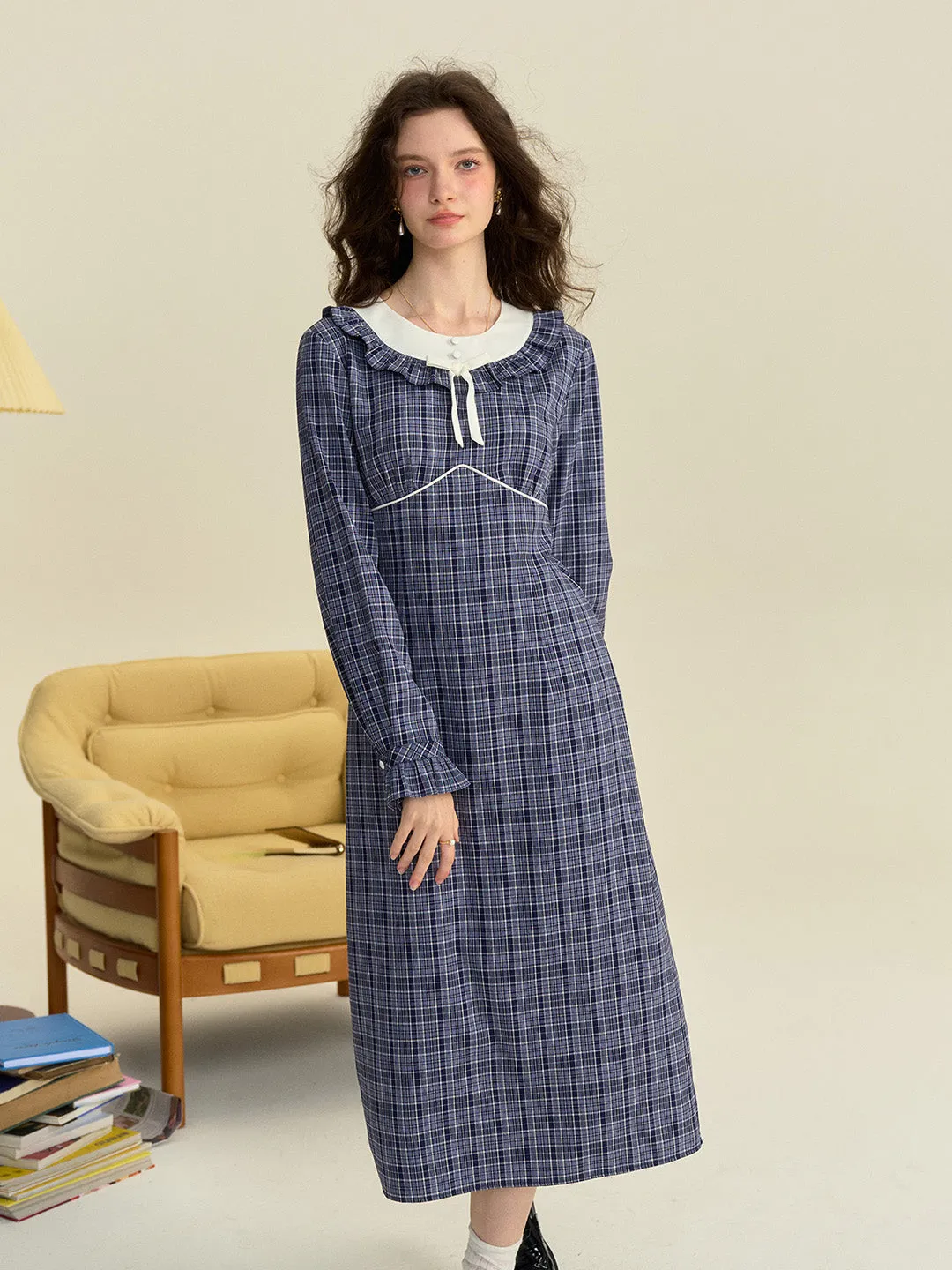 【Final Sale】Whitney Round Neck Tie Bow Collision Blue Check Dress