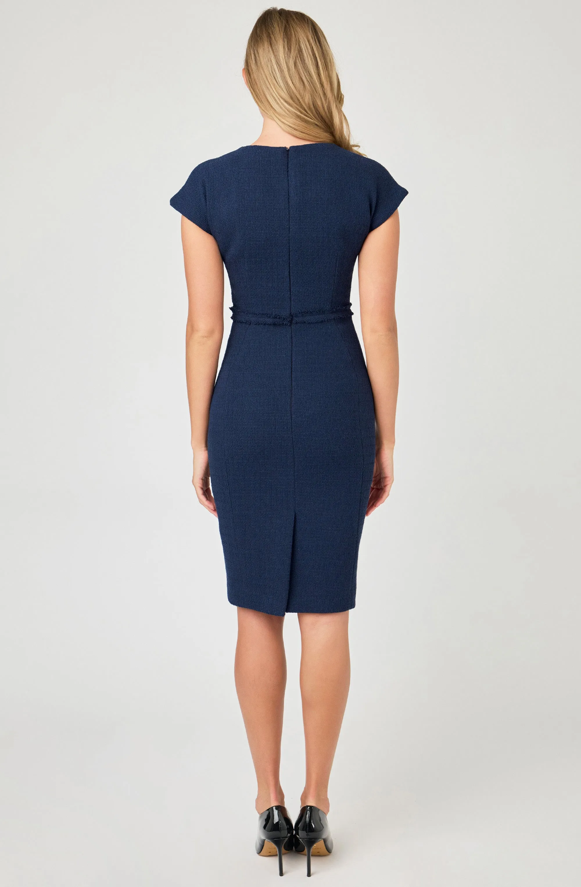Fitted Bouclé Dress with Flower Boutonnière
