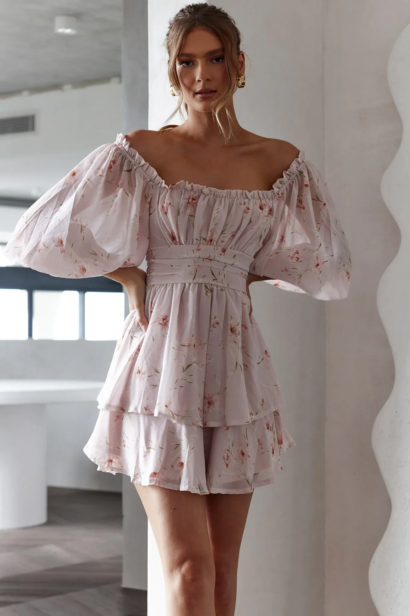 Forever Bloom Off-Shoulder Mini Dress Floral Pink