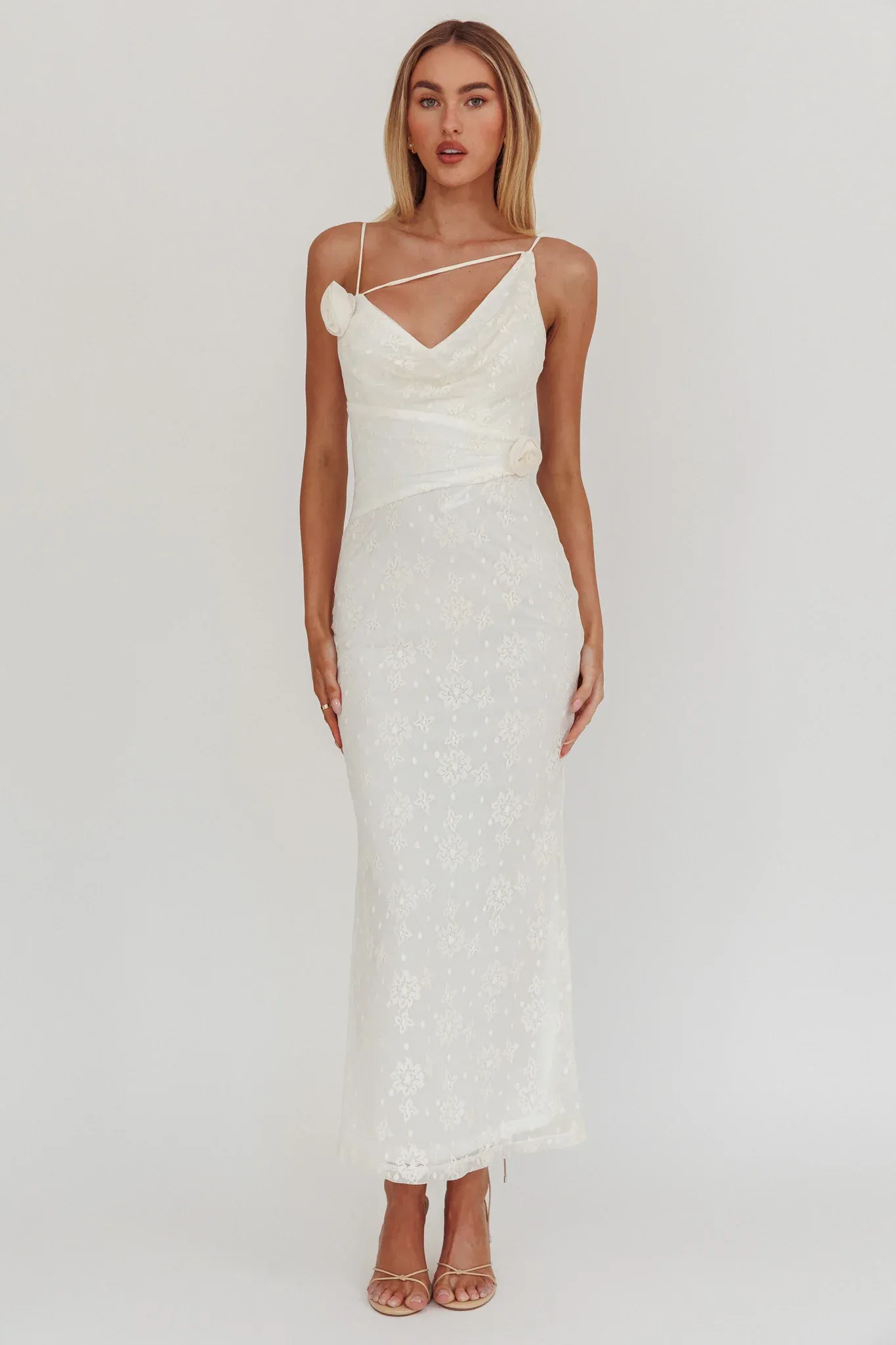 Golden Glow Rosette Cowl Neck Maxi Dress Beige