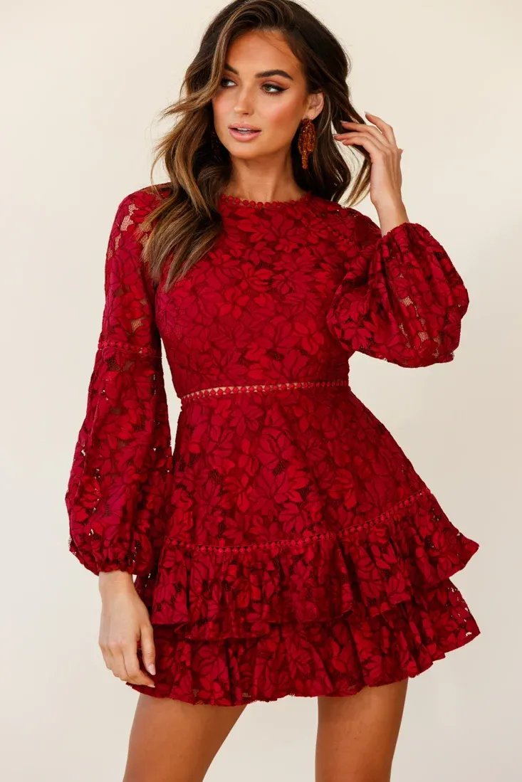 Henrietta Lace Overlay Long Sleeve Ruffle Dress Wine