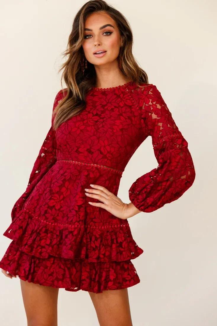 Henrietta Lace Overlay Long Sleeve Ruffle Dress Wine