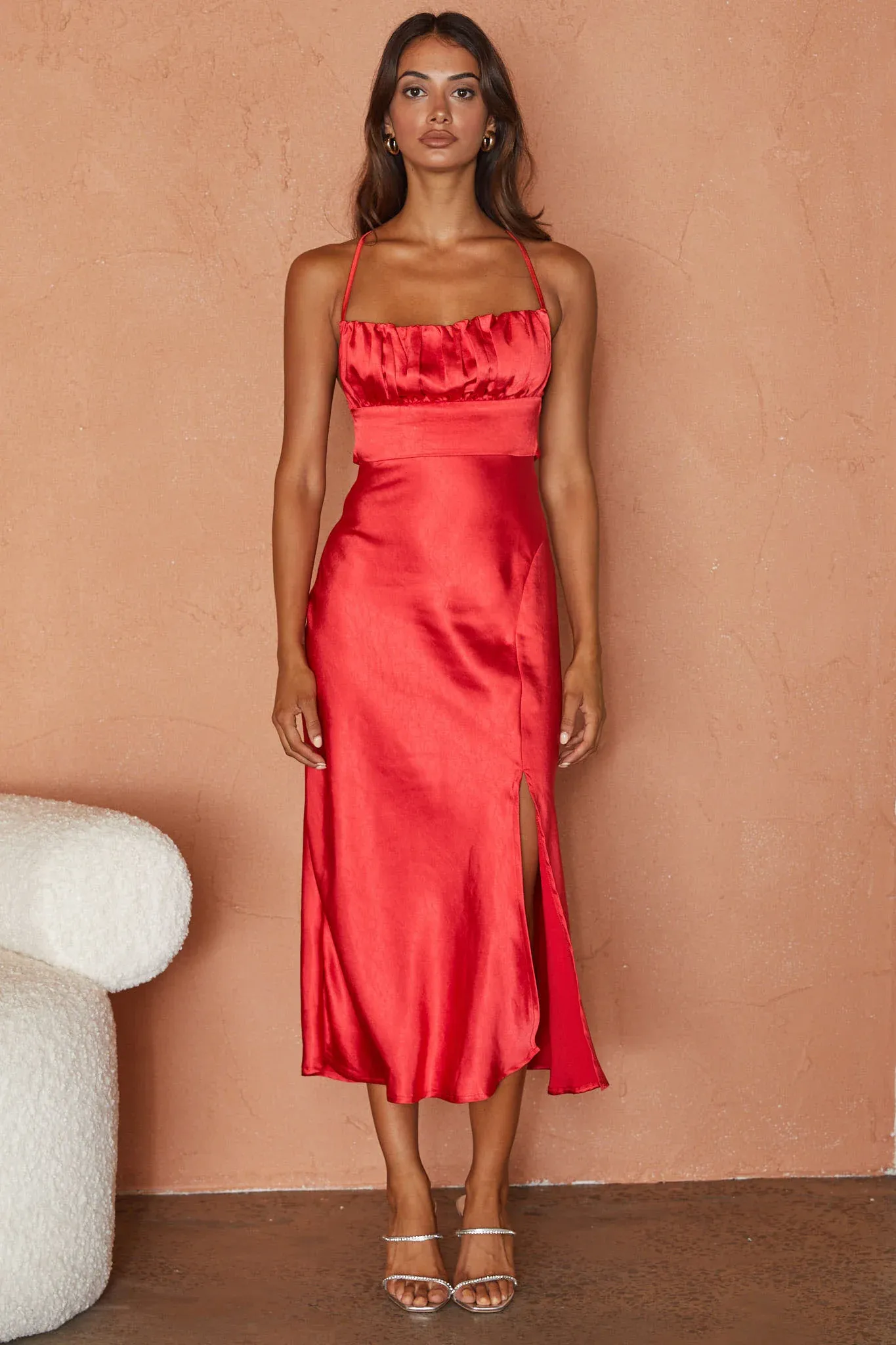 Lakoda Gathered Bust Bow Tie Back Midi Dress Red