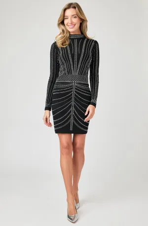 Long Sleeve Rhinestone Fitted Dress with mock turtleneck