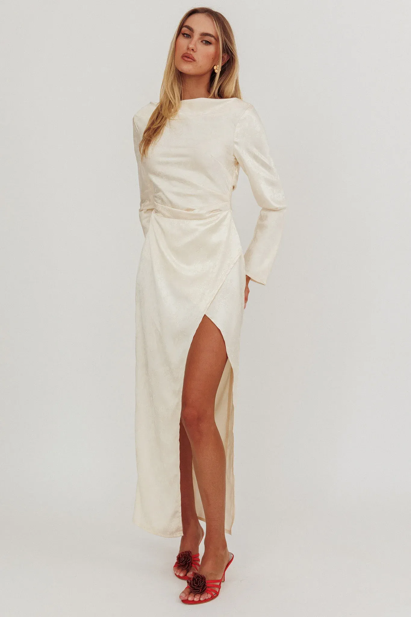 Loveland Long Sleeve Cowl Back Maxi Dress Beige