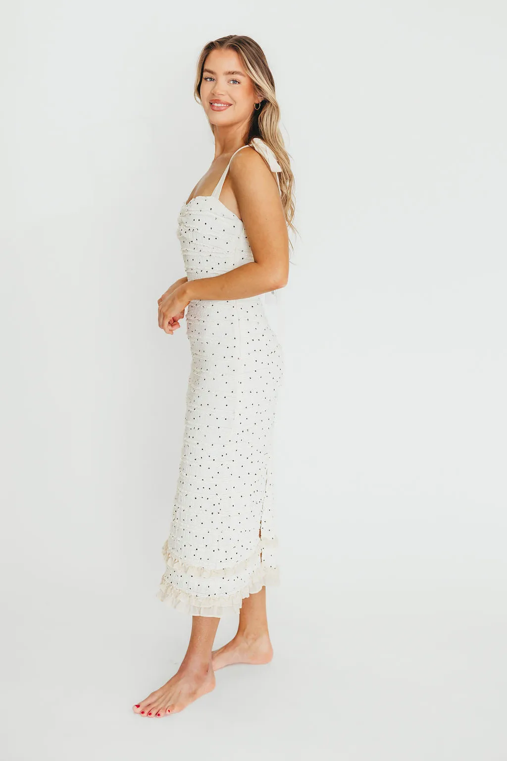 Maddie Tie Strap Ruffled Midi Dress in Ivory