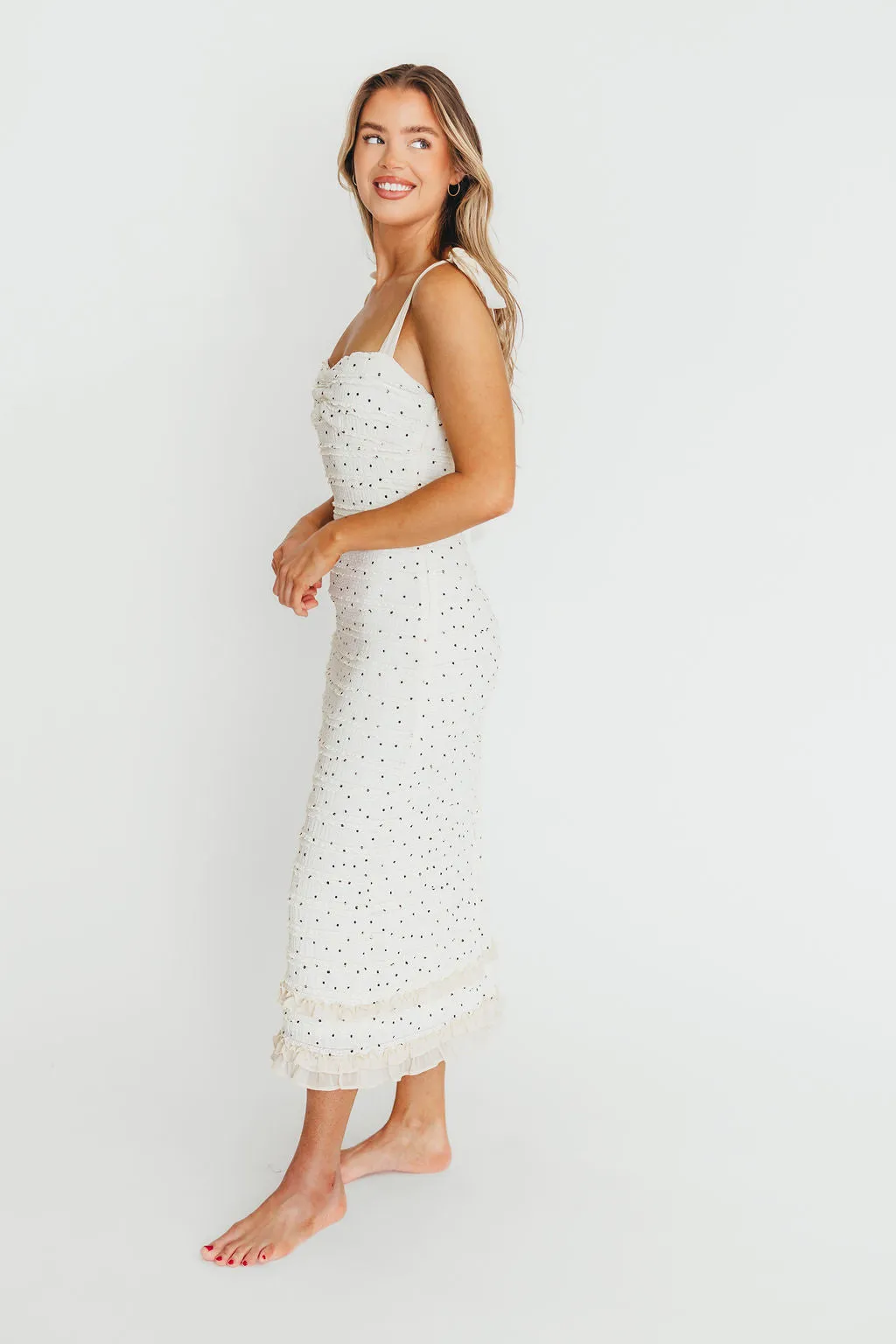 Maddie Tie Strap Ruffled Midi Dress in Ivory