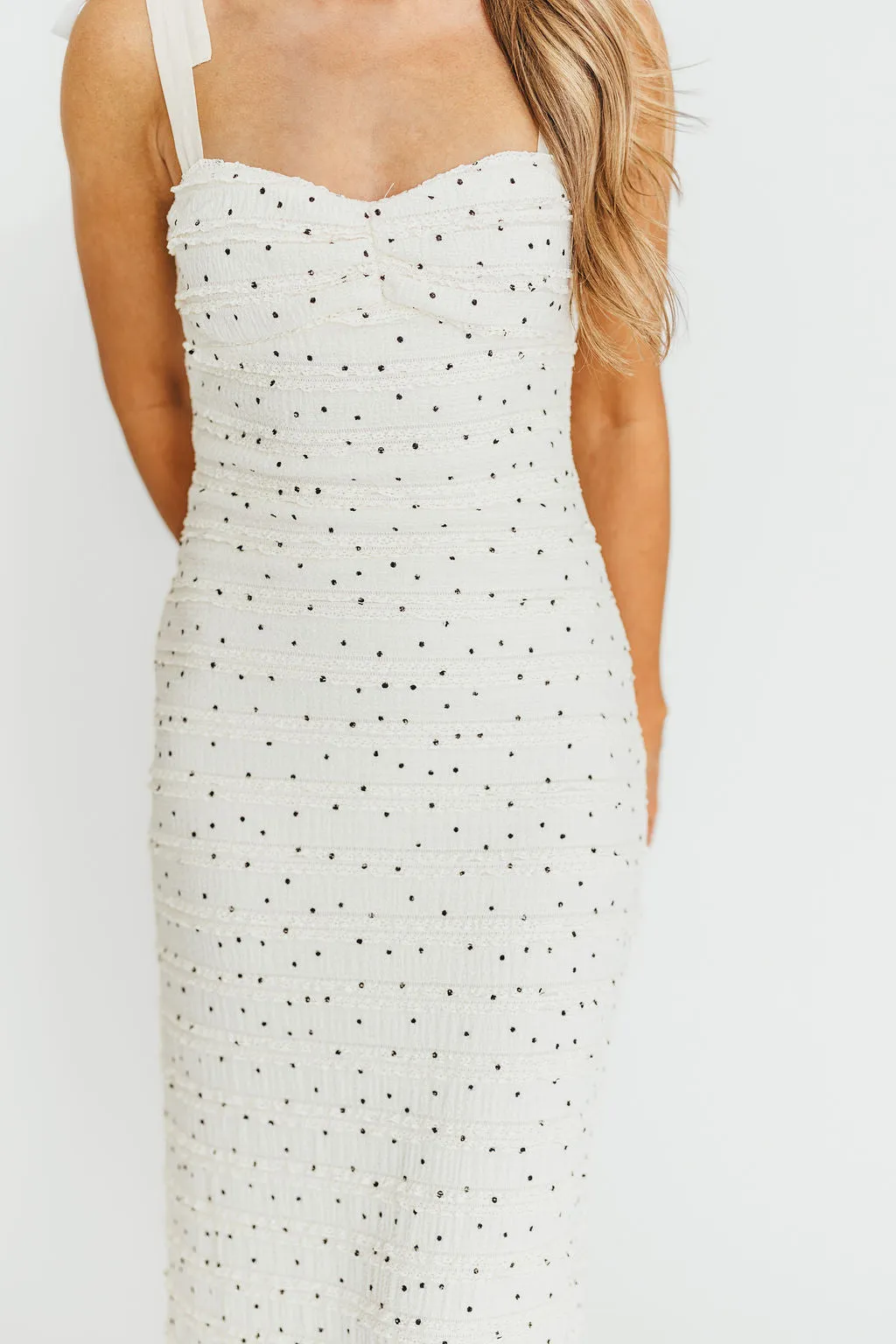 Maddie Tie Strap Ruffled Midi Dress in Ivory