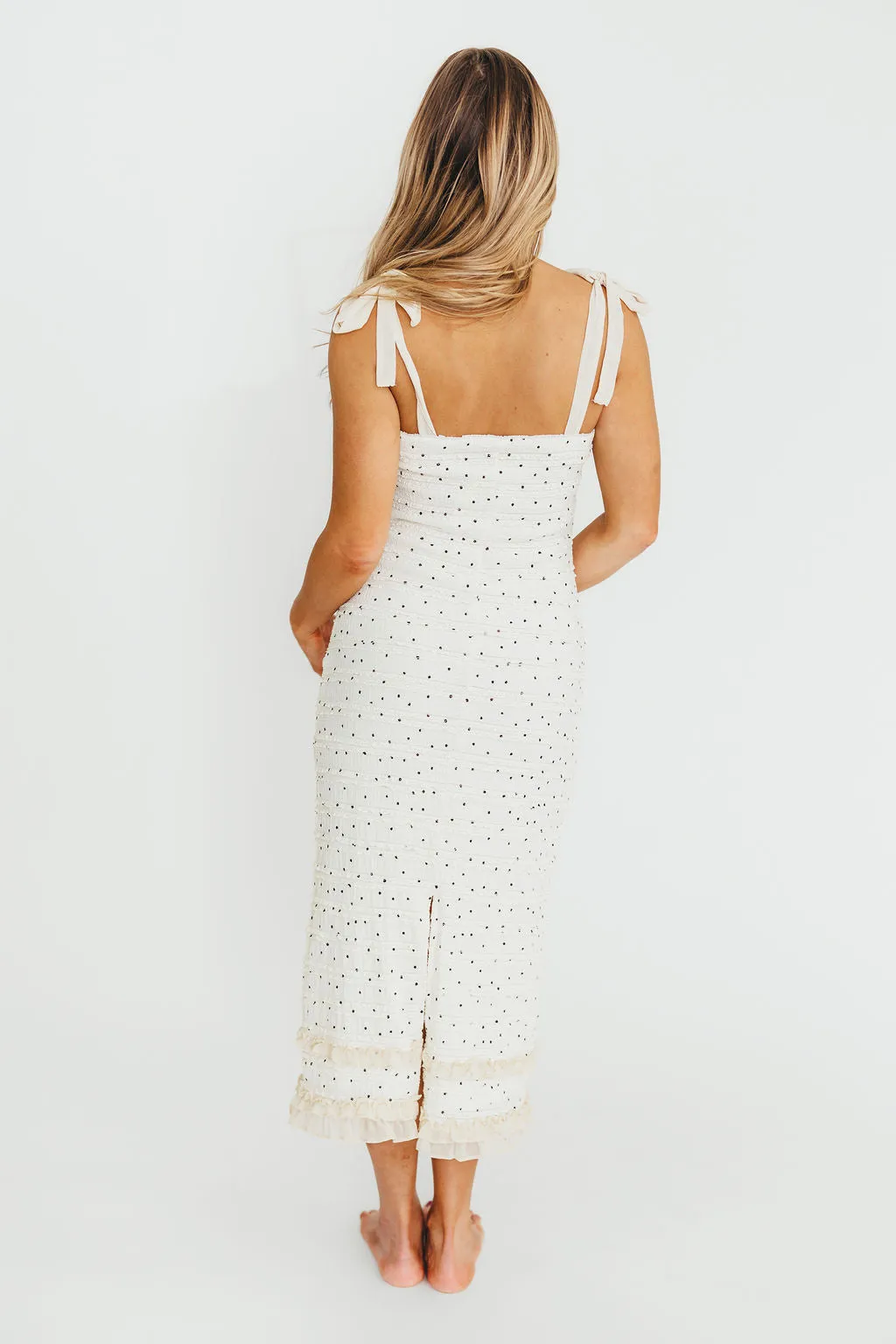Maddie Tie Strap Ruffled Midi Dress in Ivory