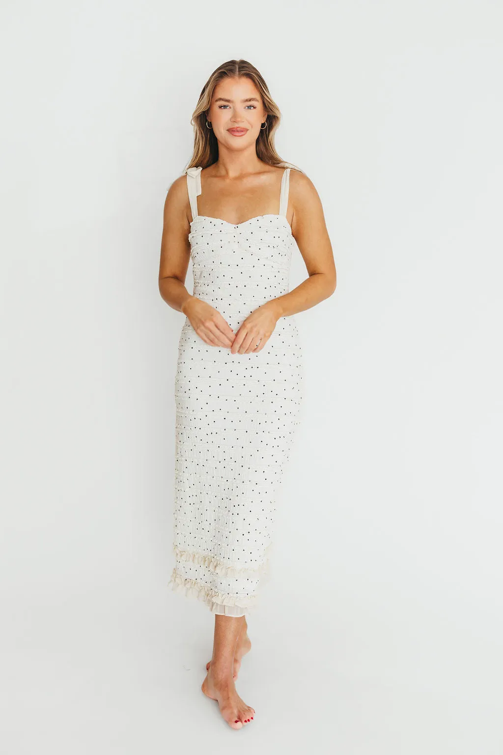 Maddie Tie Strap Ruffled Midi Dress in Ivory