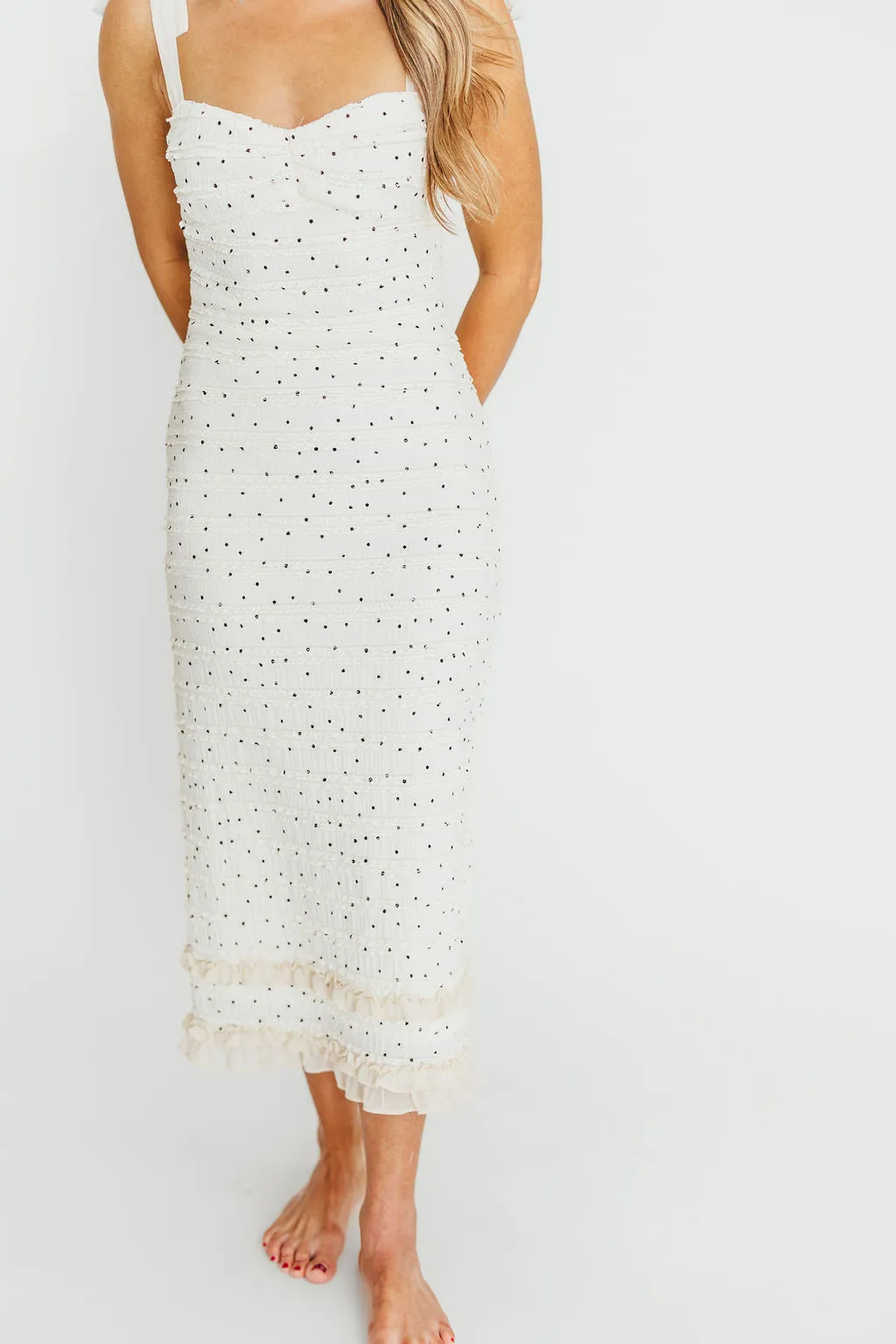 Maddie Tie Strap Ruffled Midi Dress in Ivory